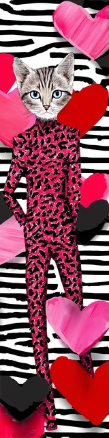 Cat bookmarks illustration of a cat in a leopard outfit with heart accents